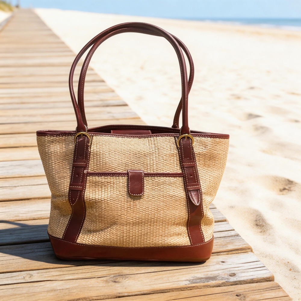 Maxx‎ New York Woven Straw Leather Tote Bag Burgundy Leopard Print Lining Womens